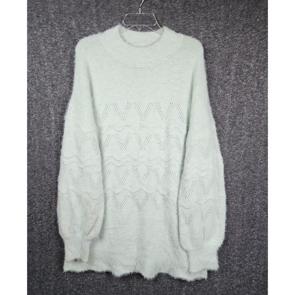 Lauren Conrad Sweater Womens 2XL Mint Green Fuzzy Eyelash Knit Pointelle Chevron